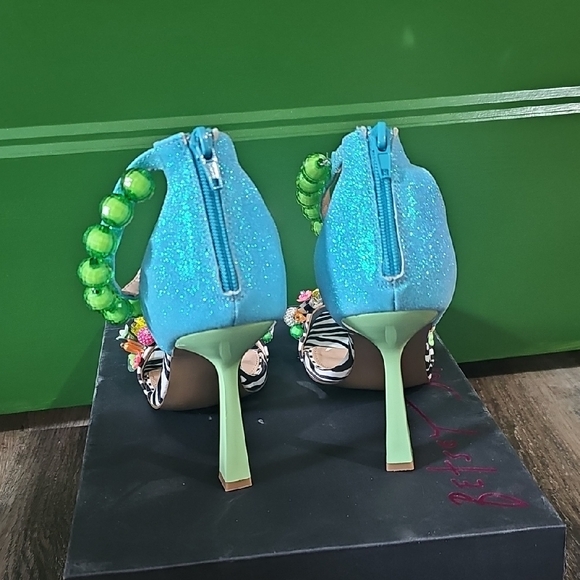 Betsey Johnson Blue and Green Embellished Zebra-Accent Heels - Picture 5 of 12